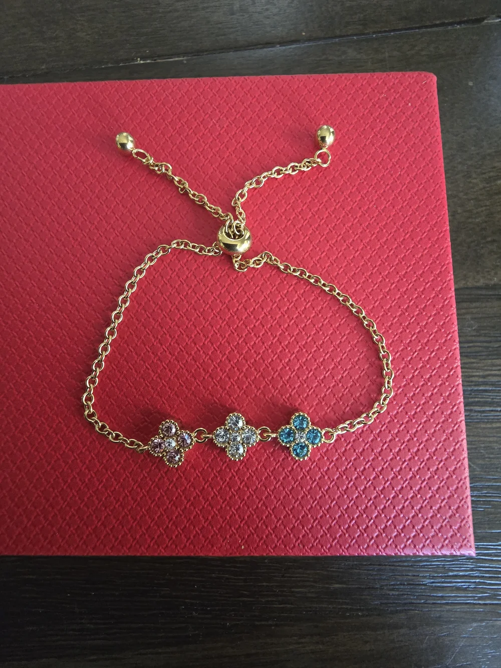 Gold Floral Bracelet with Pink, Clear and Blue Stones